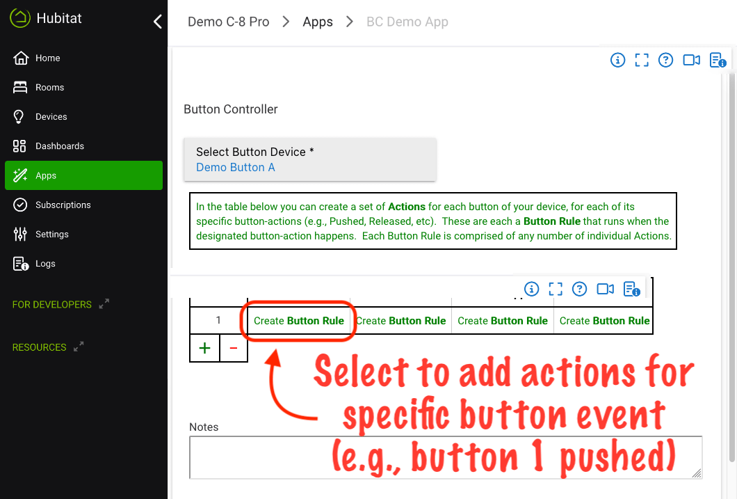 Screenshot of Button Controller with "Create Button Rule" link for "button 1 pushed" highlighted