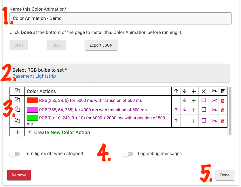 Color Animation app screenshot, showing (1) app name, (2) RGB bulbs to set, (3) color actions list, (4) additional options, and (5) the "Done" button to install or update the app