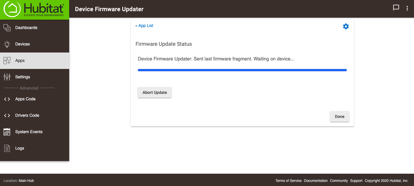 Screenshot of "Sent last fragment, waiting for device"