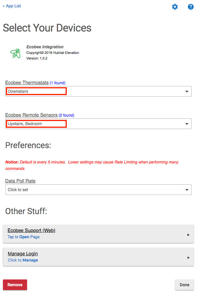 Screenshot of Ecobee app listing Ecobee devices