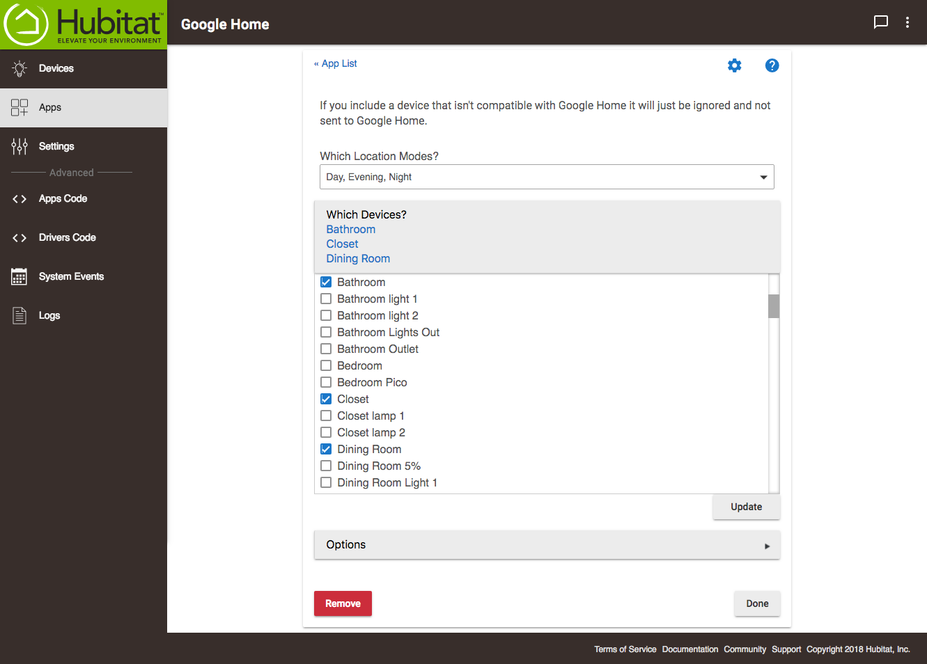 Screenshot of authorized devices in Google Home Hubitat app