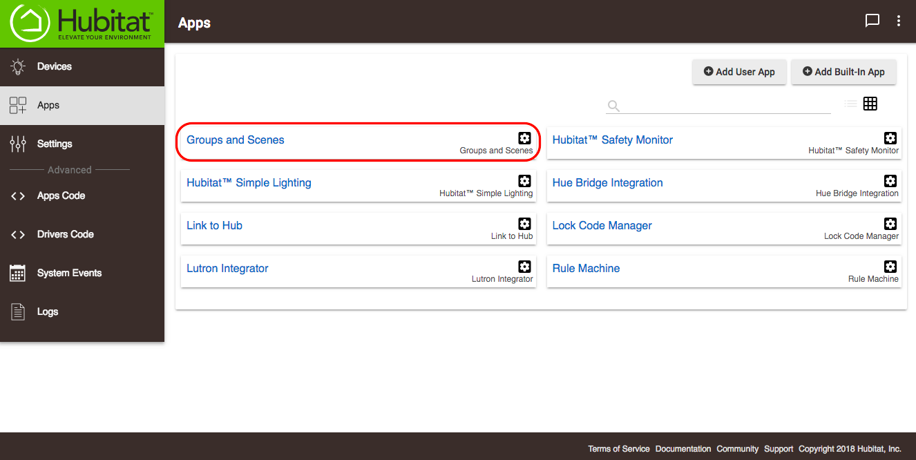 Screenshot of Groups and Scenes app in Apps list