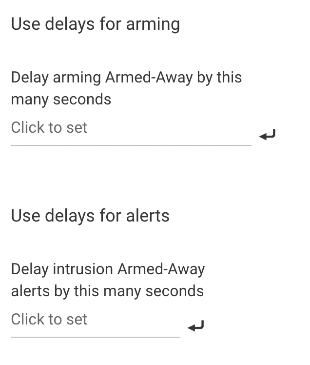 Screenshot of "Use delays for arming or alerts" options