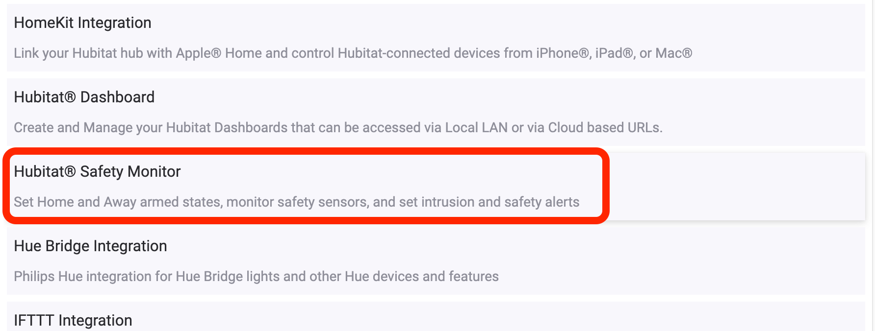 Screenshot of Hubitat Safety Monitor in list