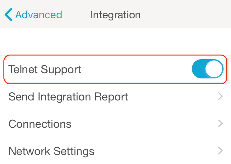 Screenshot of "Telnet Support" option  in Lutron mobile app (enable this option)