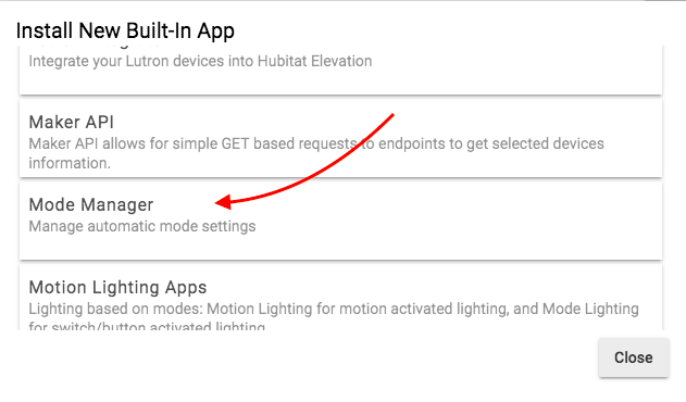 Screenshot of Mode Manager in built-in apps list