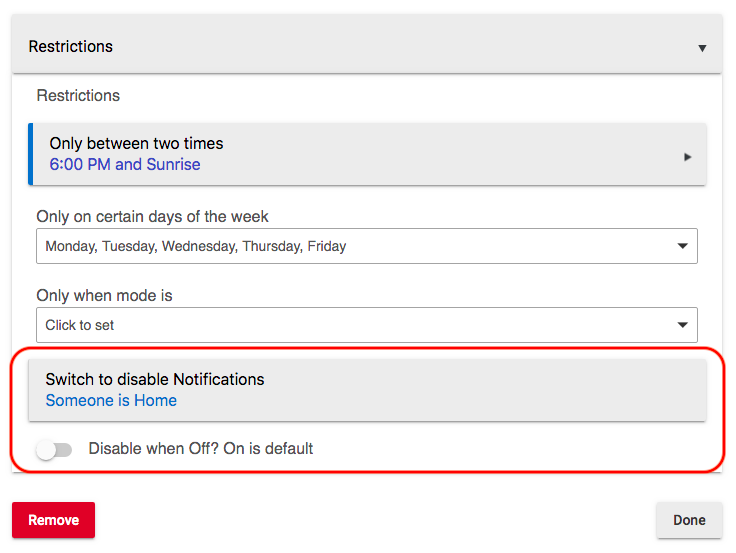 Screenshot of "Switch to disable notifications" option in Restrictions