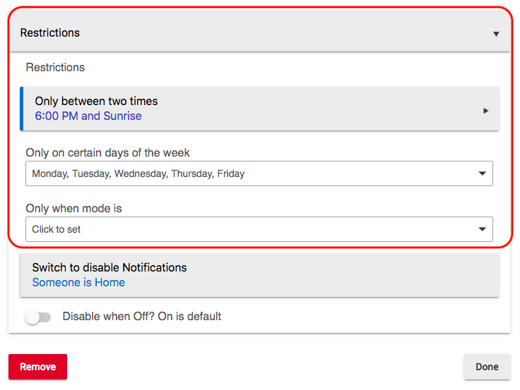 Screenshot of "Restrictions" options