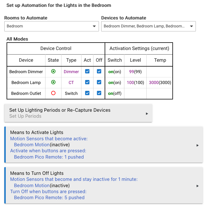 Screenshot of automatic settings results in Room Lighting
