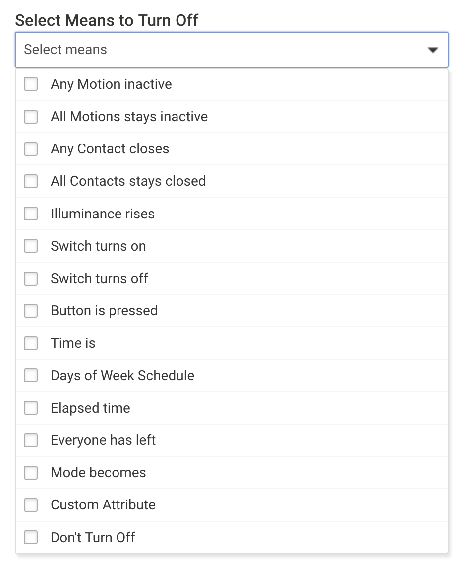 Screenshot: "Means to Turn Off" dropdown