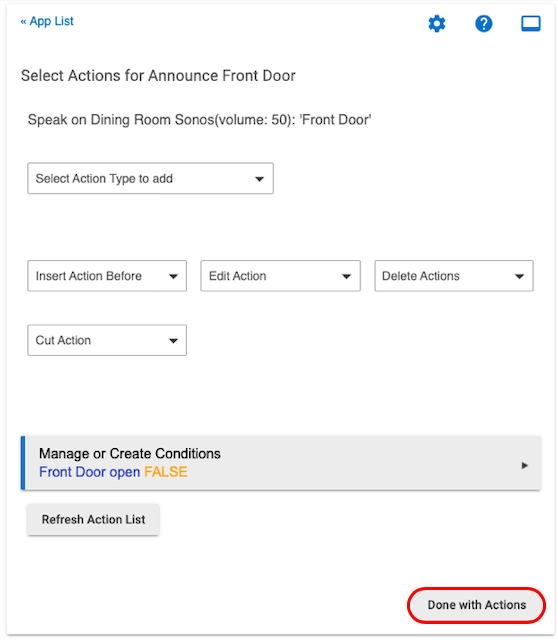 Screenshot of "Done with Actions" button