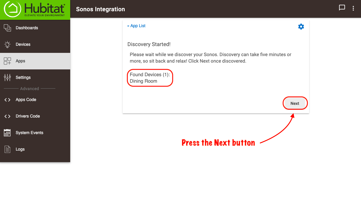 Screenshot of discovered devices and "Next" button