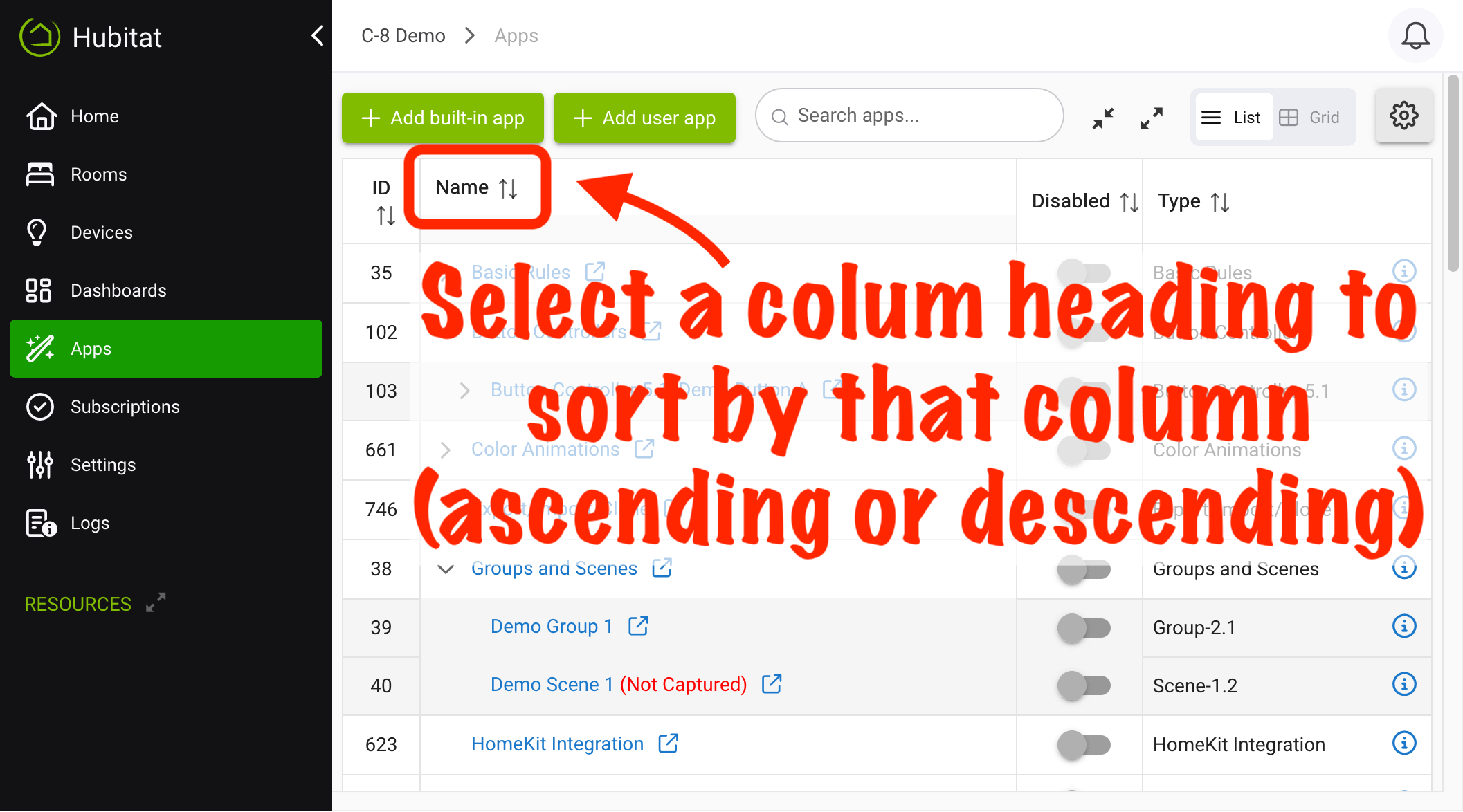 Screenshot indiciating table columns, which can be clicked to sort