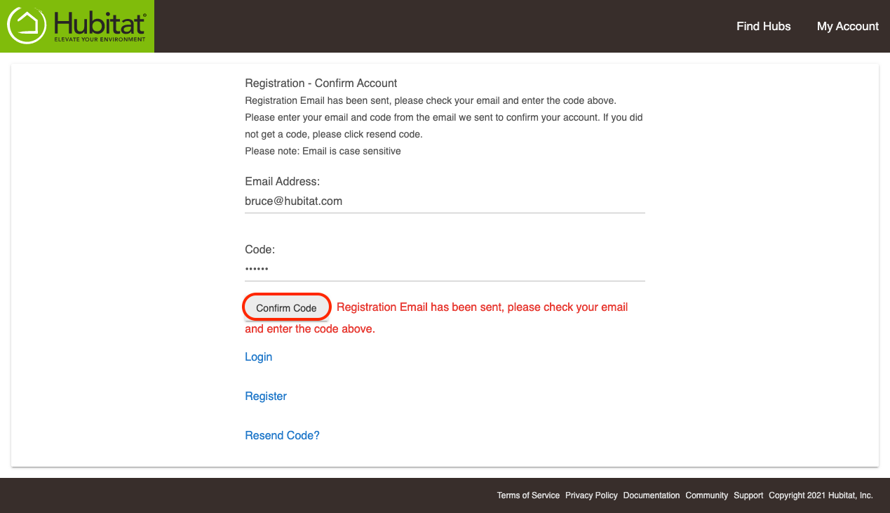 Screenshot: Confirmation code being entered