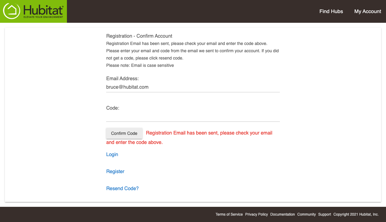 Screenshot: Registration page with input for confirmation code