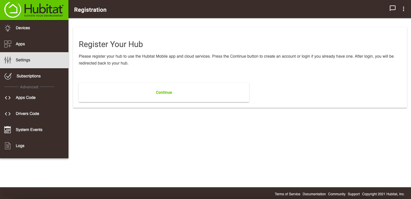 Screenshot: "Contine" button on registrattion page