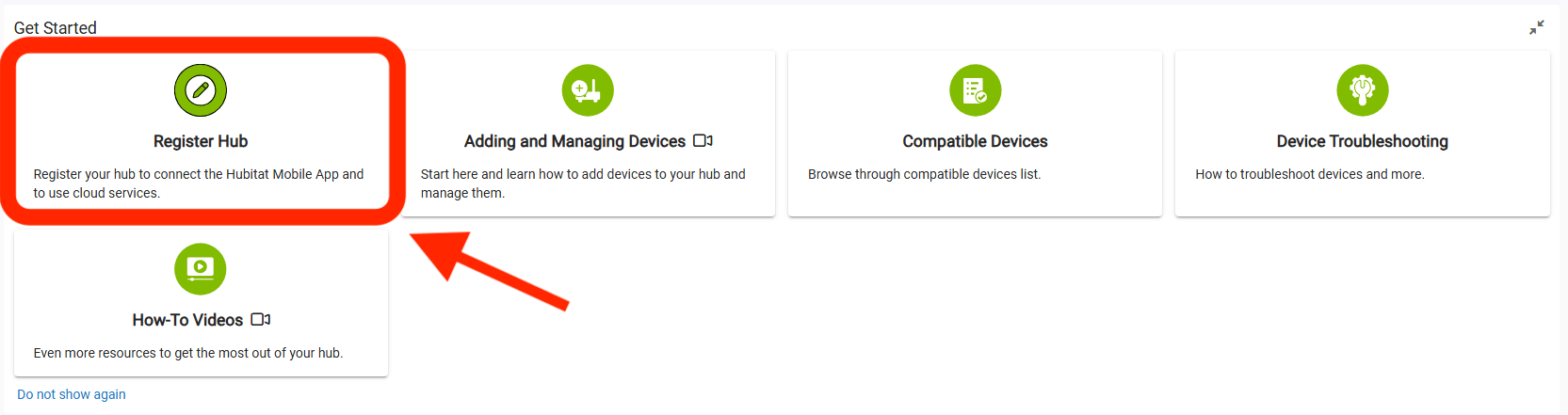 Screenshot: "Register Hub" card in admin interface