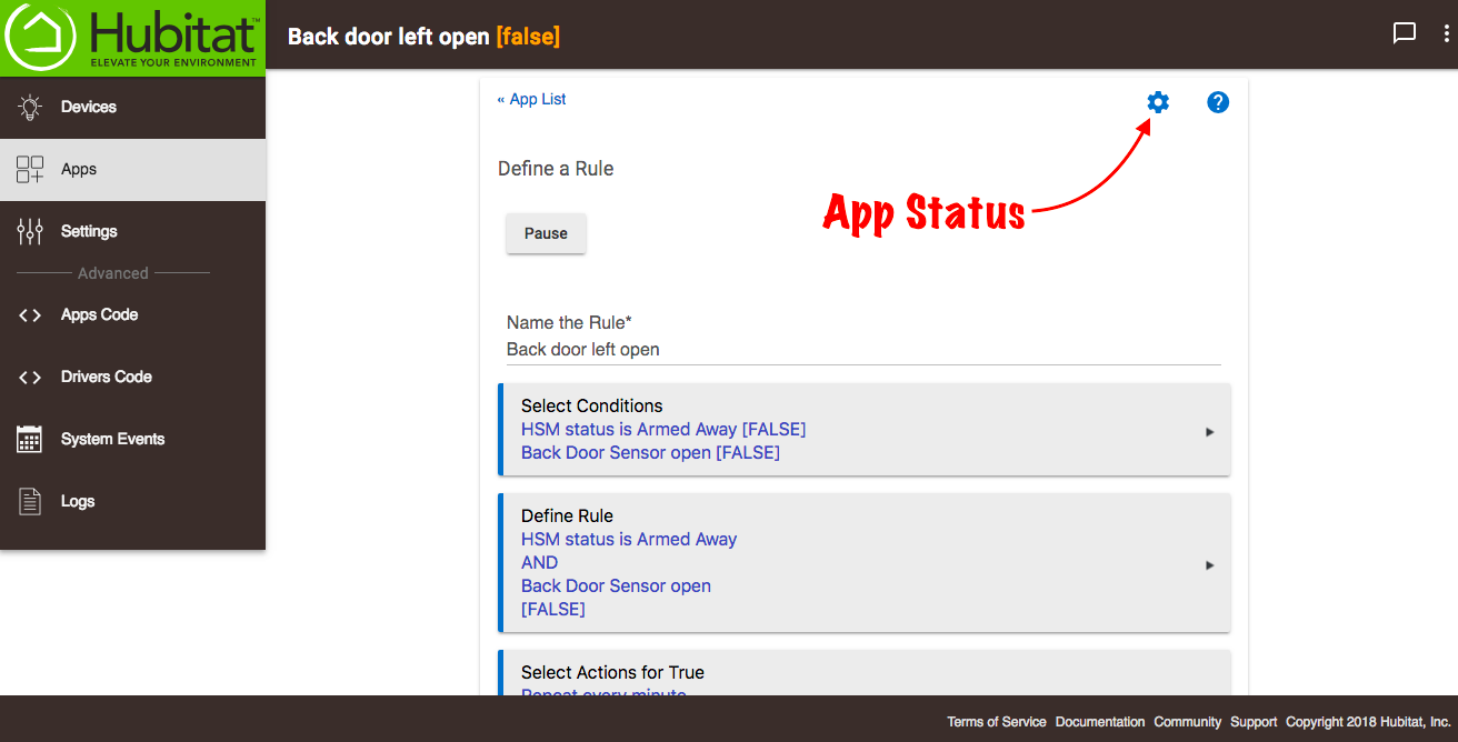 The gear/cogs icon in the upper right of an app page is the link to "App Status" page