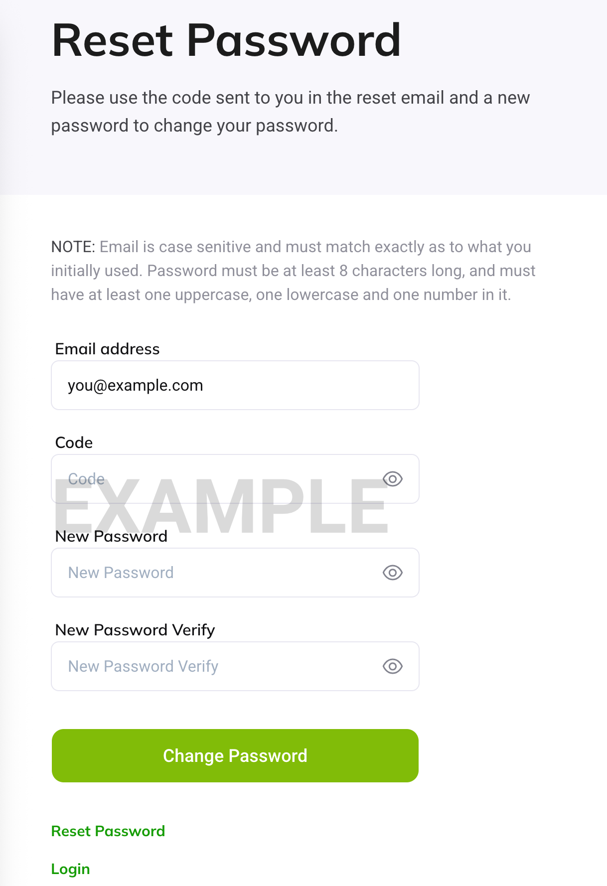 Screenshot: Password reset page, including prompt for code