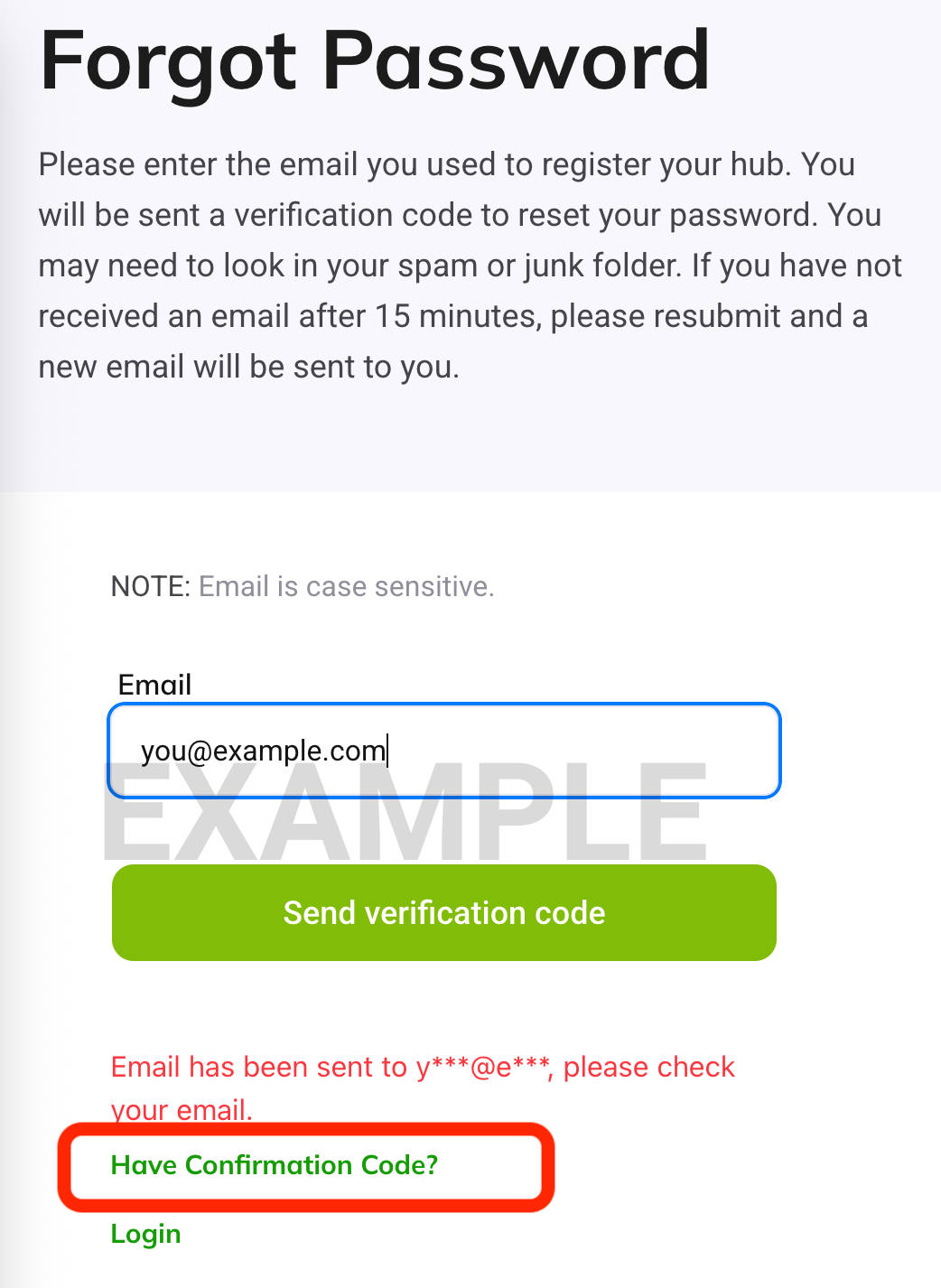 Screenshot: "Have a confirmation code?" link
