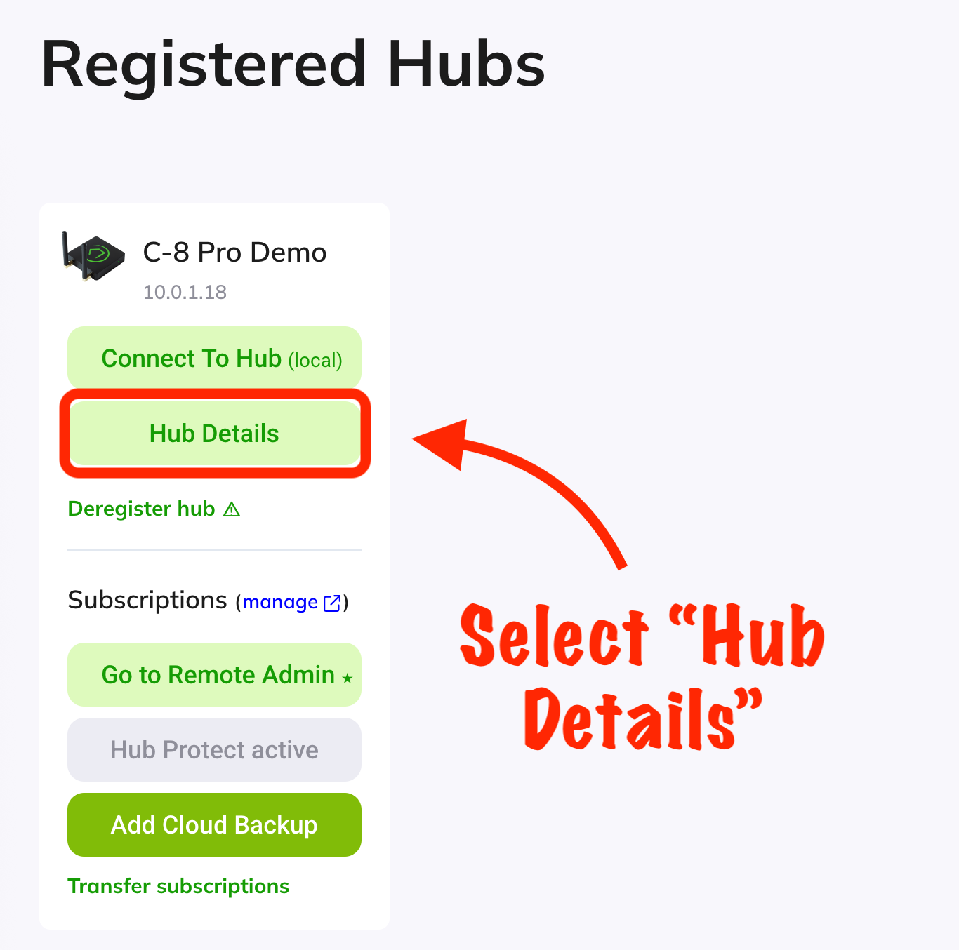 Screenshot: "Hub Details" link in Hubitat Portal