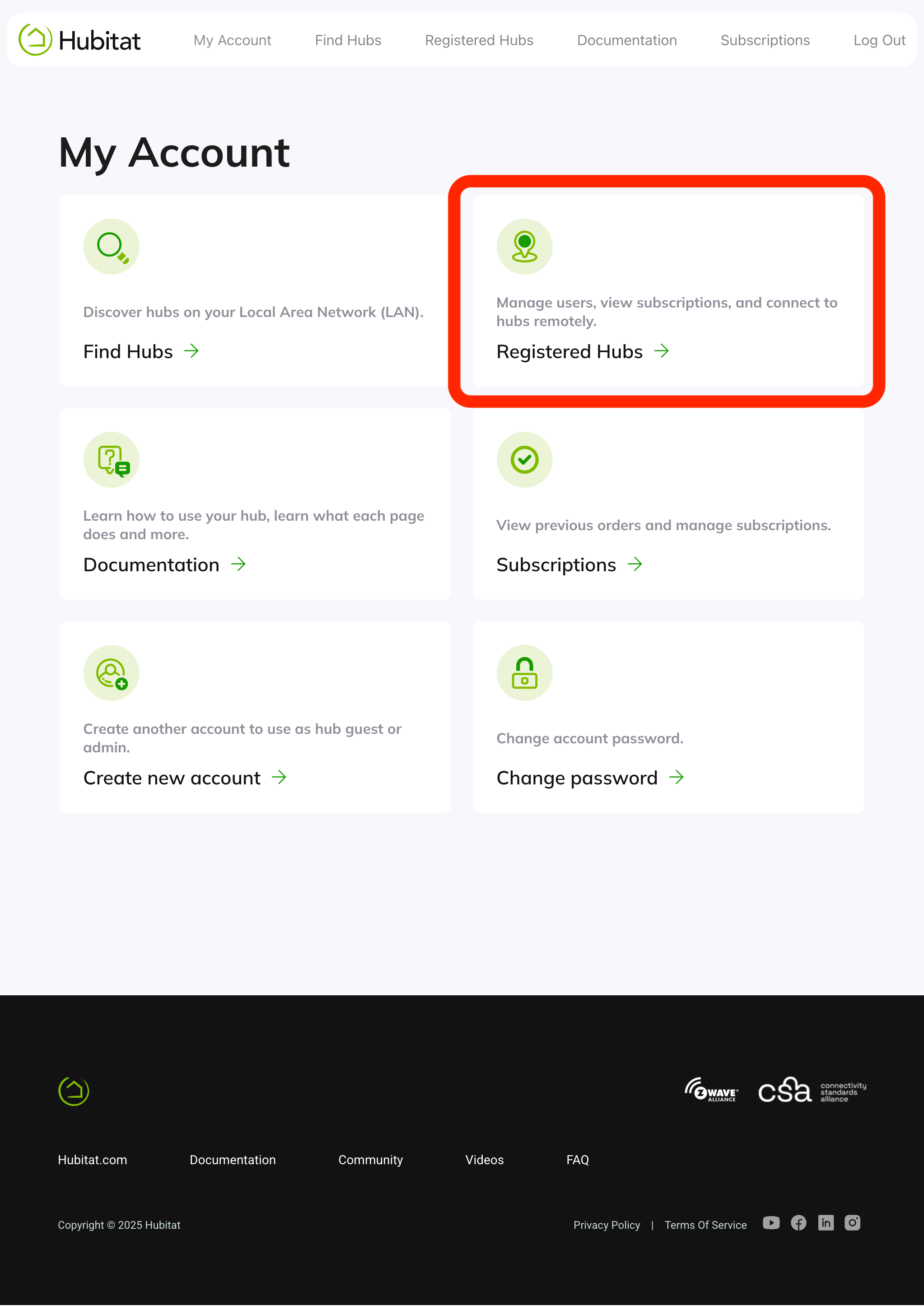Screenshot: "Registered Hubs" card