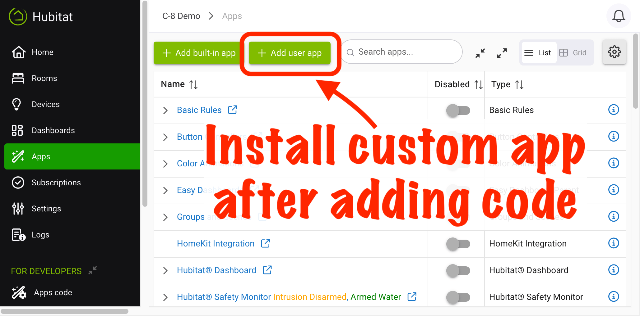 Screenshot of "Add User App" button on Apps page