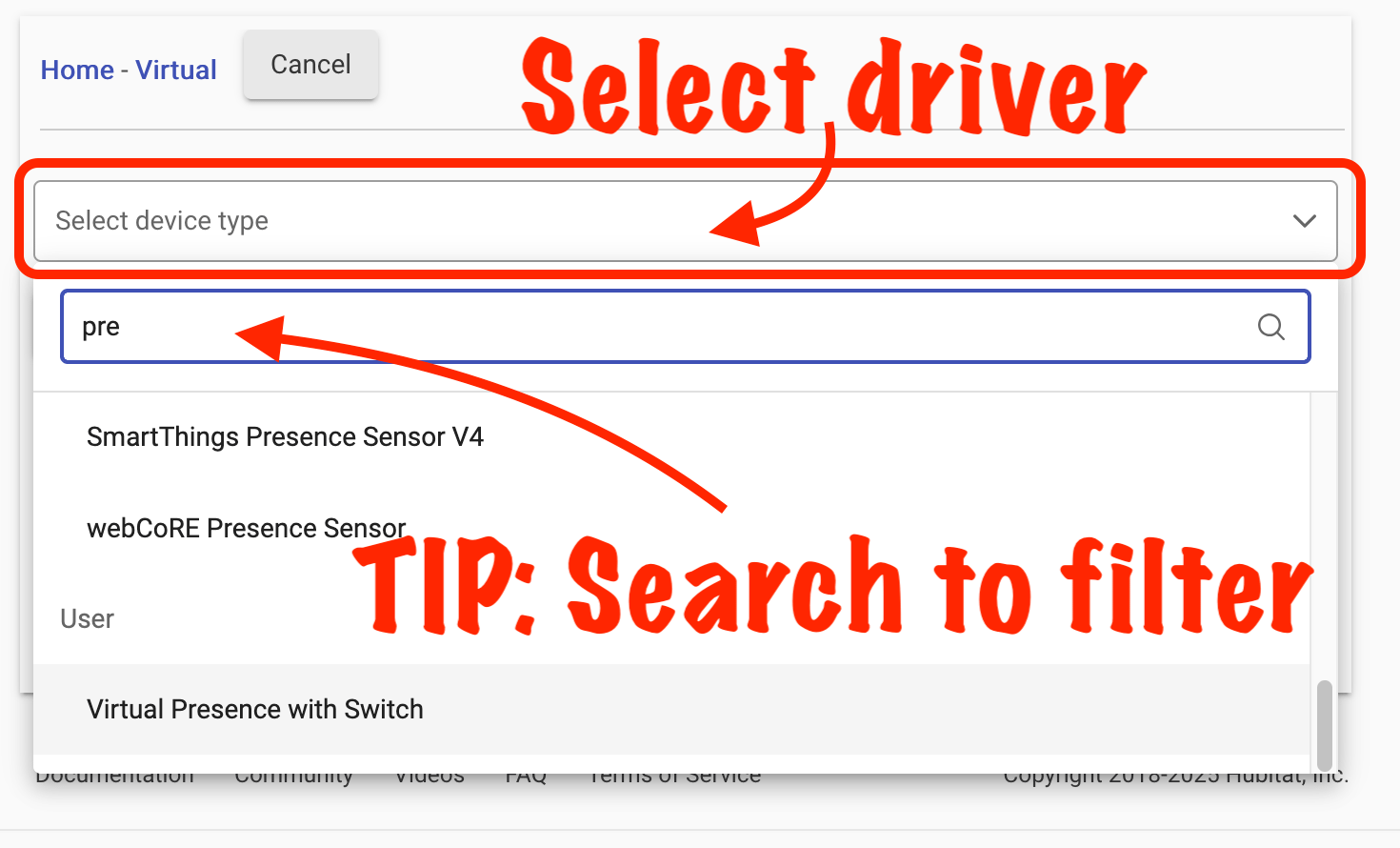 Screenshot of "Type" dropdown to select driver on device detail page