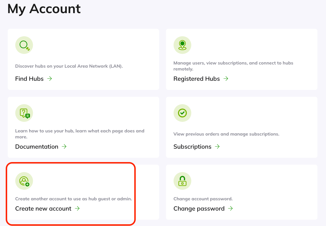 Screenshot of "Create new account" card on My Hubitat website