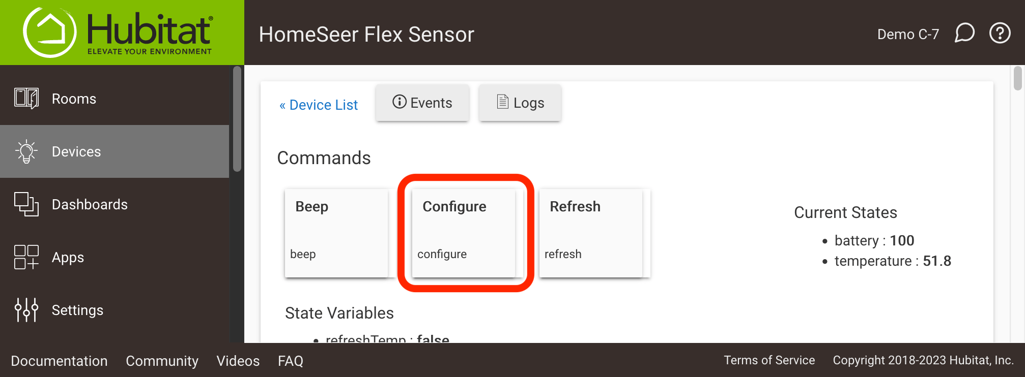 Screenshot highlighting "Configure" command on device page