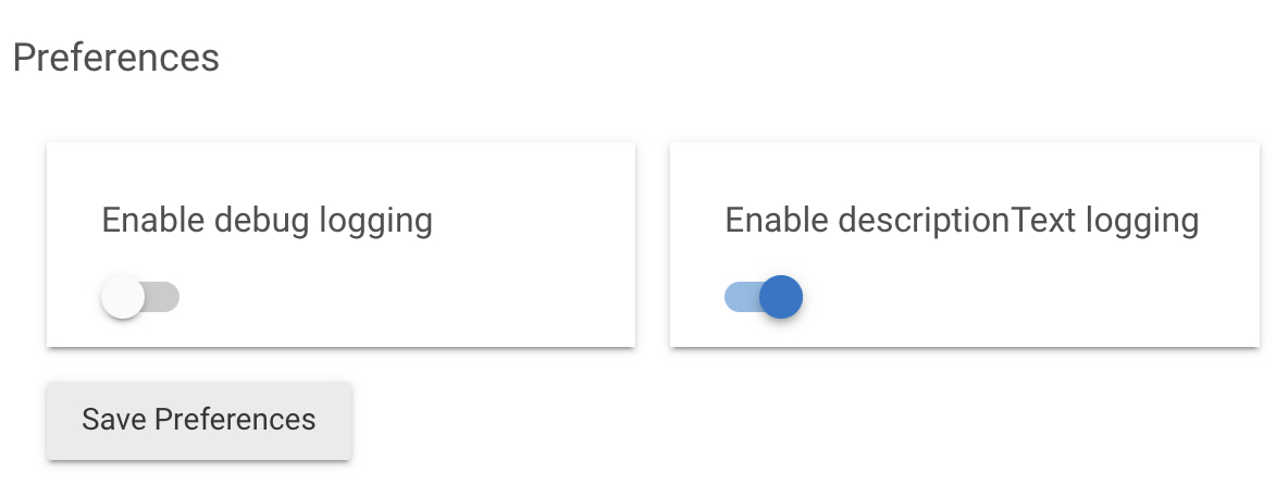 Screenshot: Example of "Enable debug logging" and "Enable descriptionText logging" preferences in a driver. Select "Save Preferences" after changing any of these (or other) preferences.