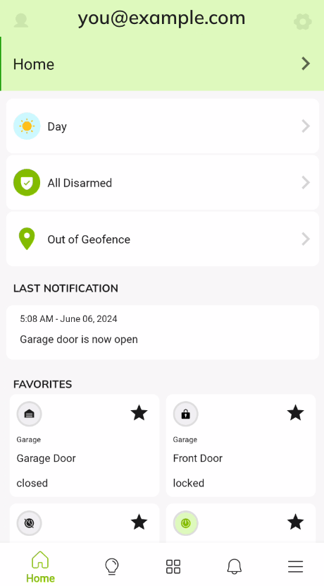 Screenshot: "Home" tab on Android mobile app showing above features