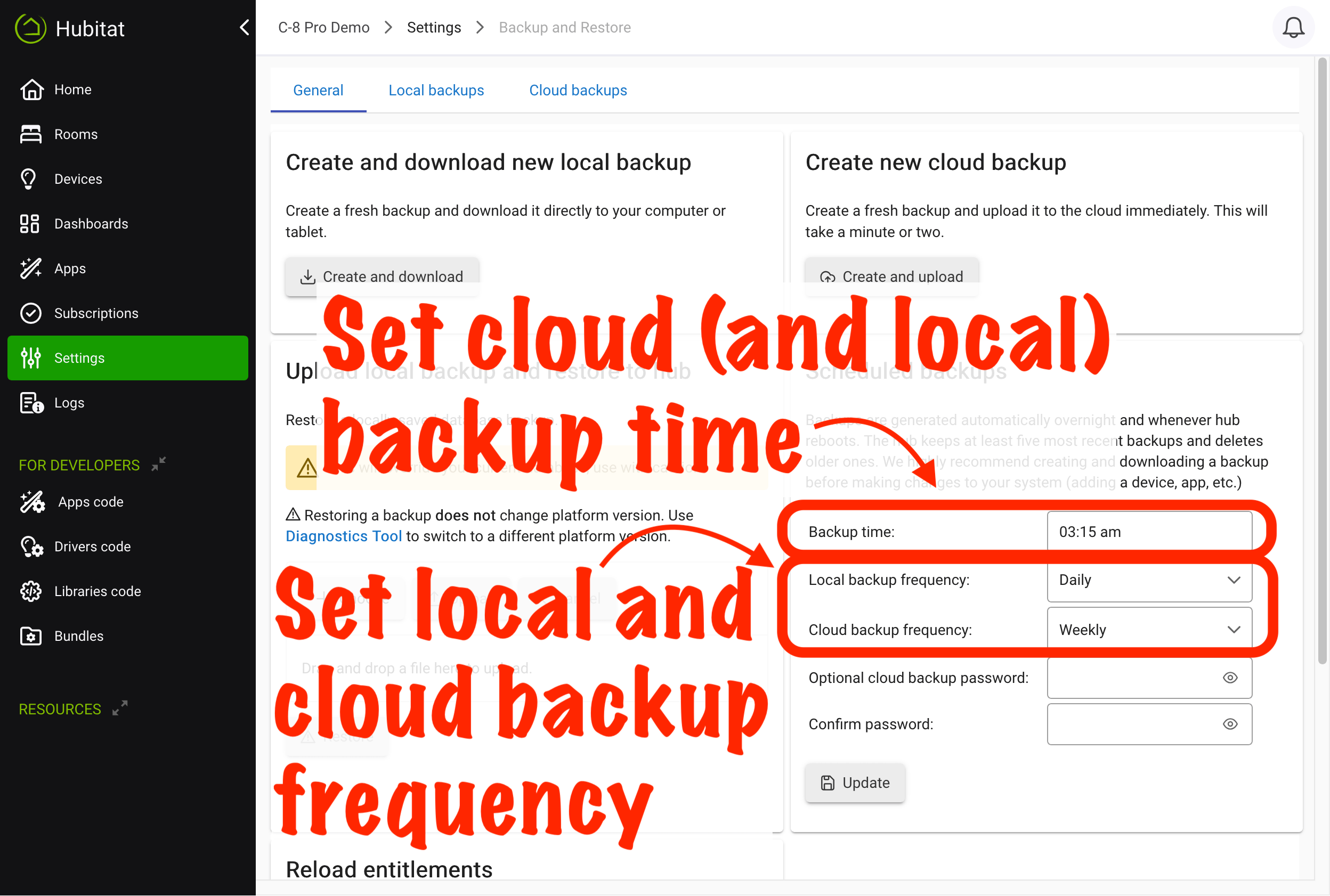 Screenshot: cloud backup time and frequency options