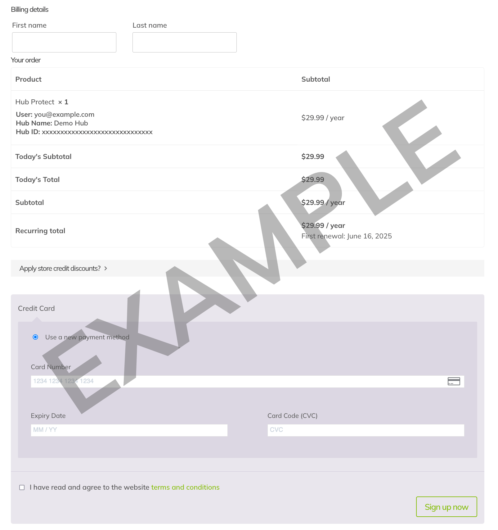 Sign-up form screenshot, asking for name and payment information