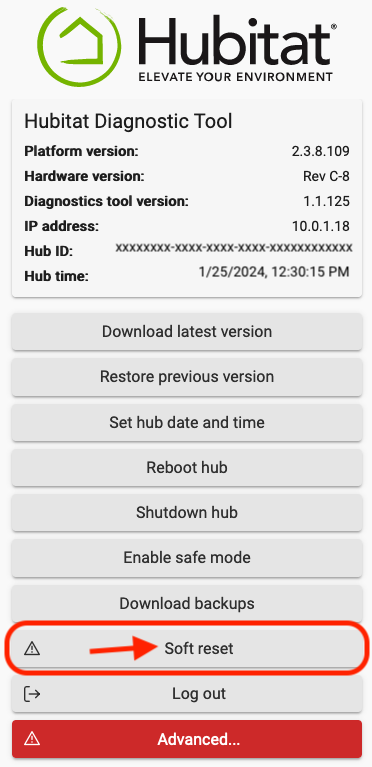 Screenshot: "Soft Reset" option in Diagnostic Tool