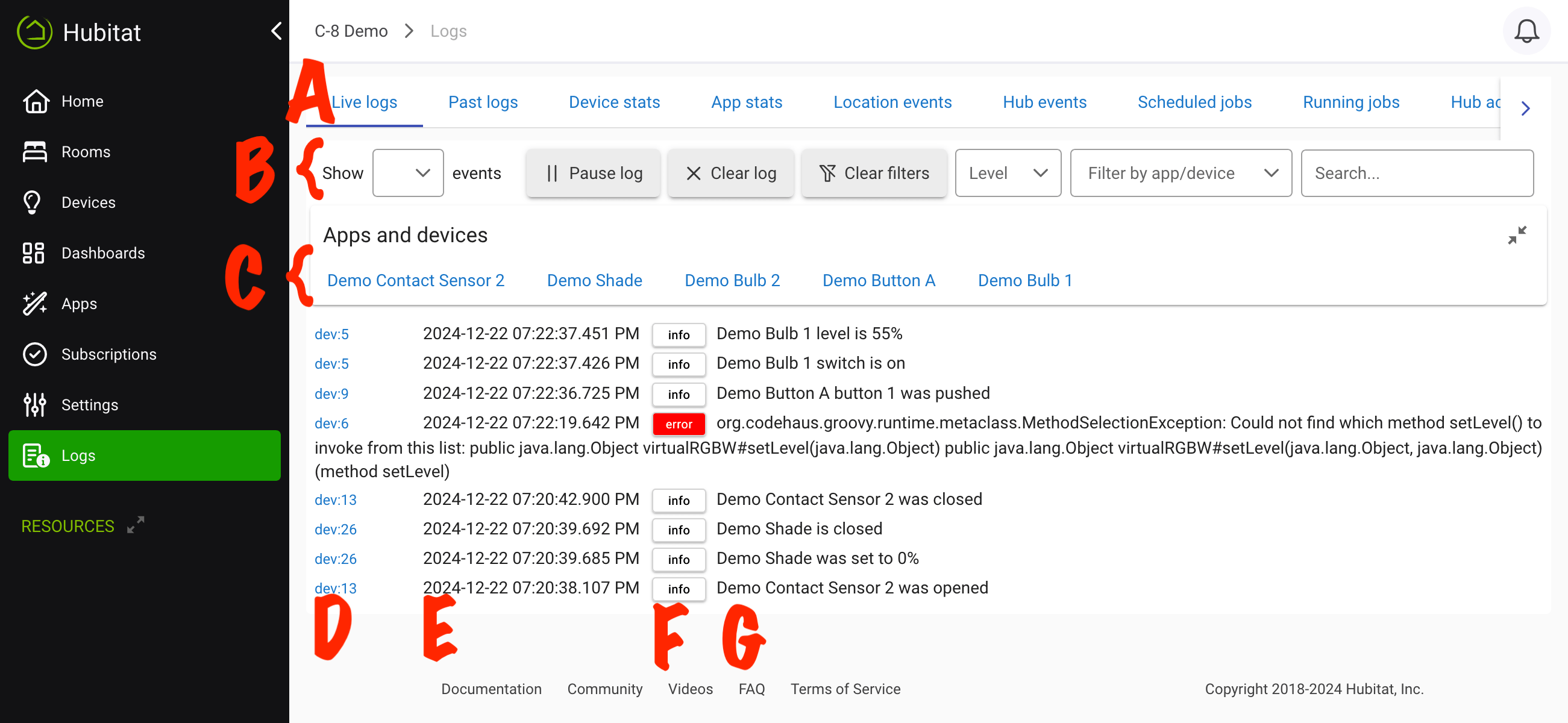 Screenshot of default logs page, "Live Logs"