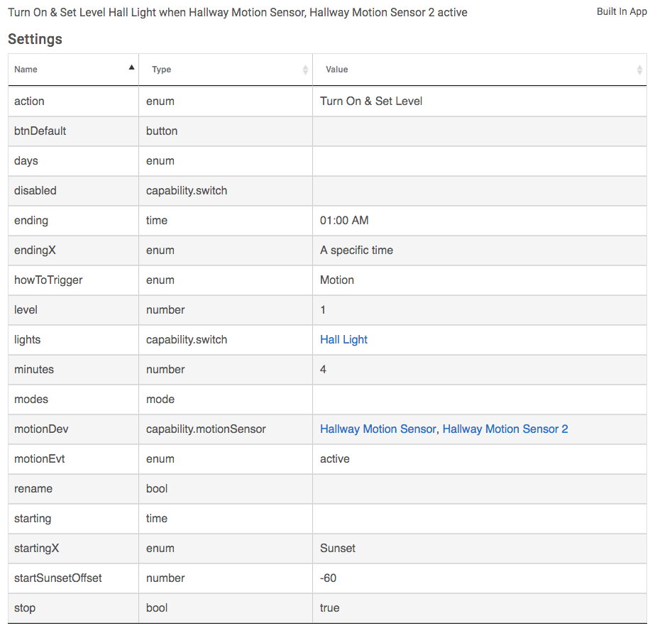 The Settings section of the apps status window displays the app capabilities by "name" in the first column, the capability "type" in the second column, and the app capability "Value" in the third column