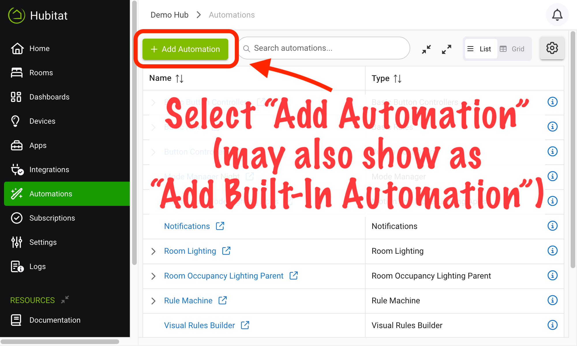 Screenshot of "Add Built-In Automation" button