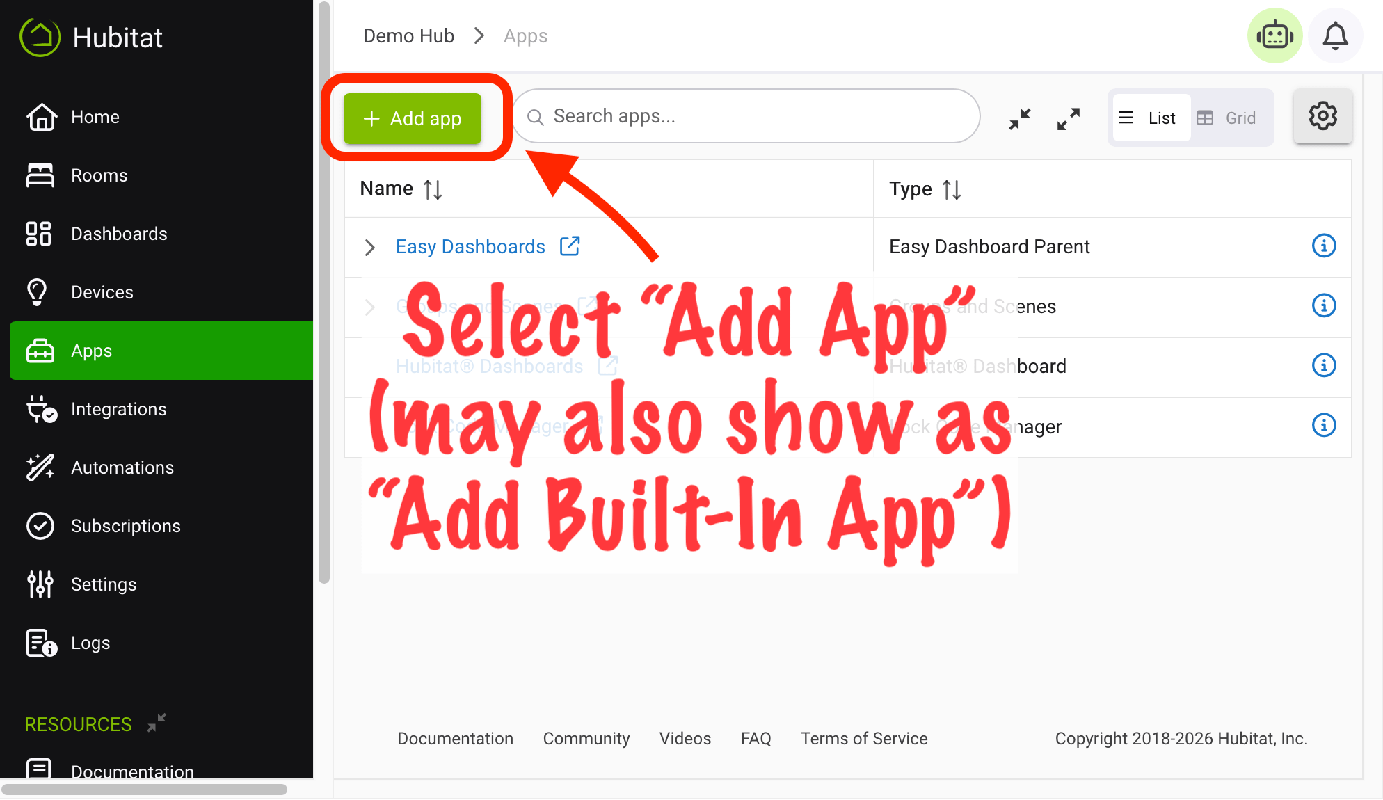 Screenshot: "Add Built-In App" button