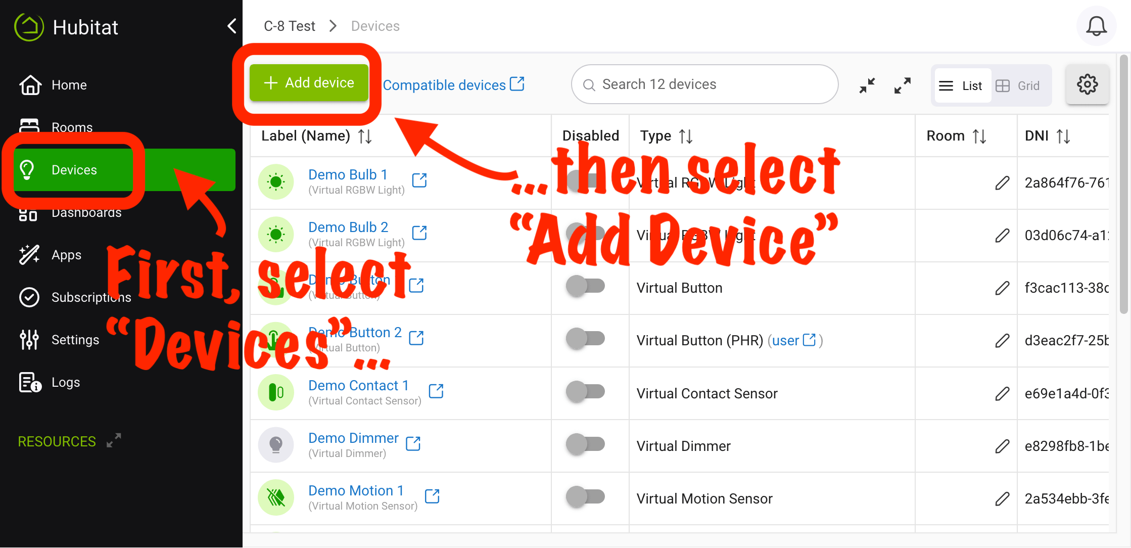 Screenshot of "Add Device" button on Devices page