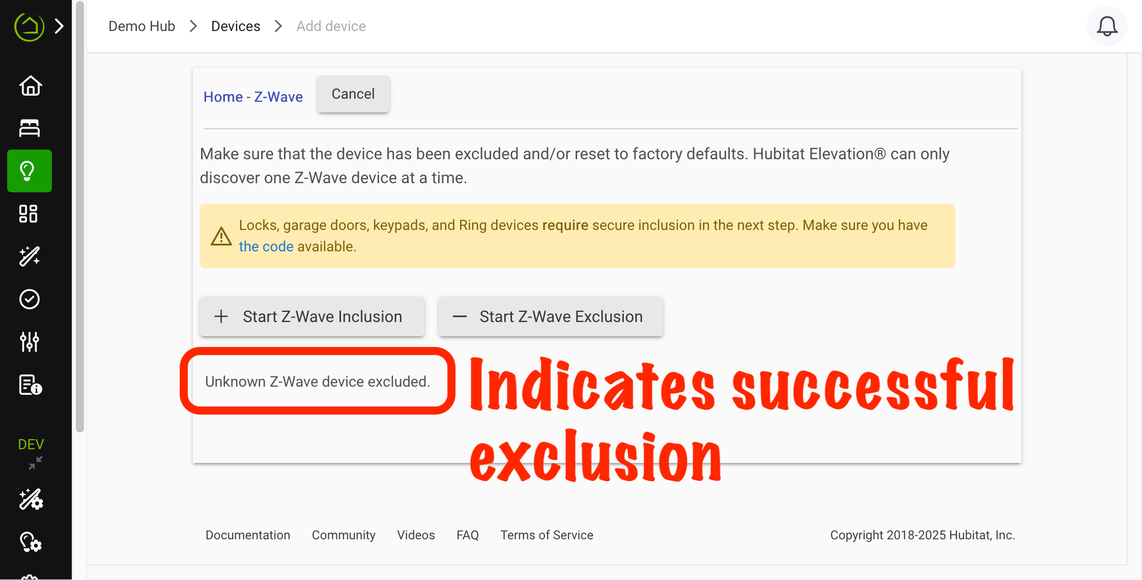 Screenshot of "Unknown device removed" after general Z-Wave exclusion