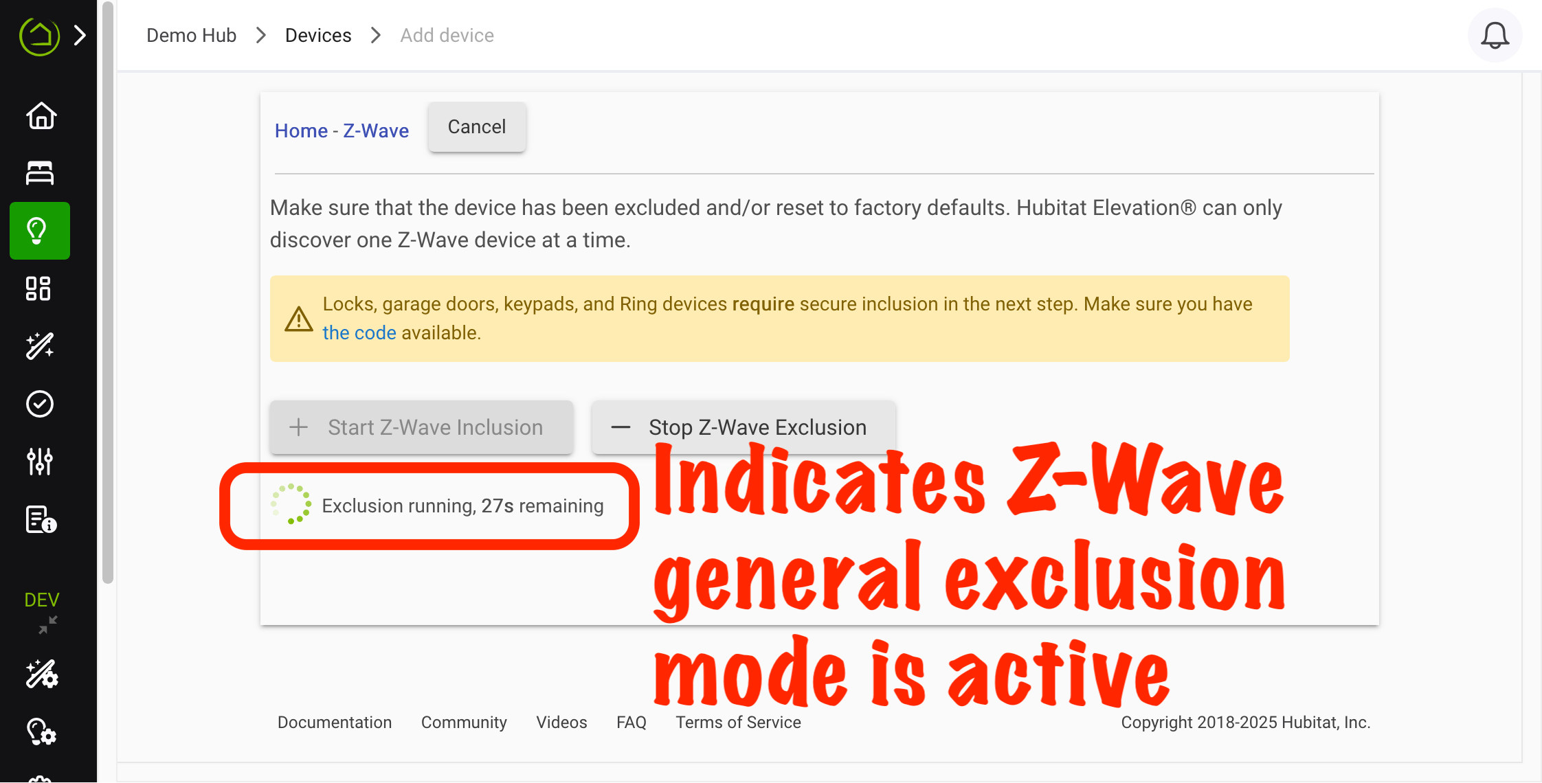 Screenshot of "Z-Wave exclusion running..." screen