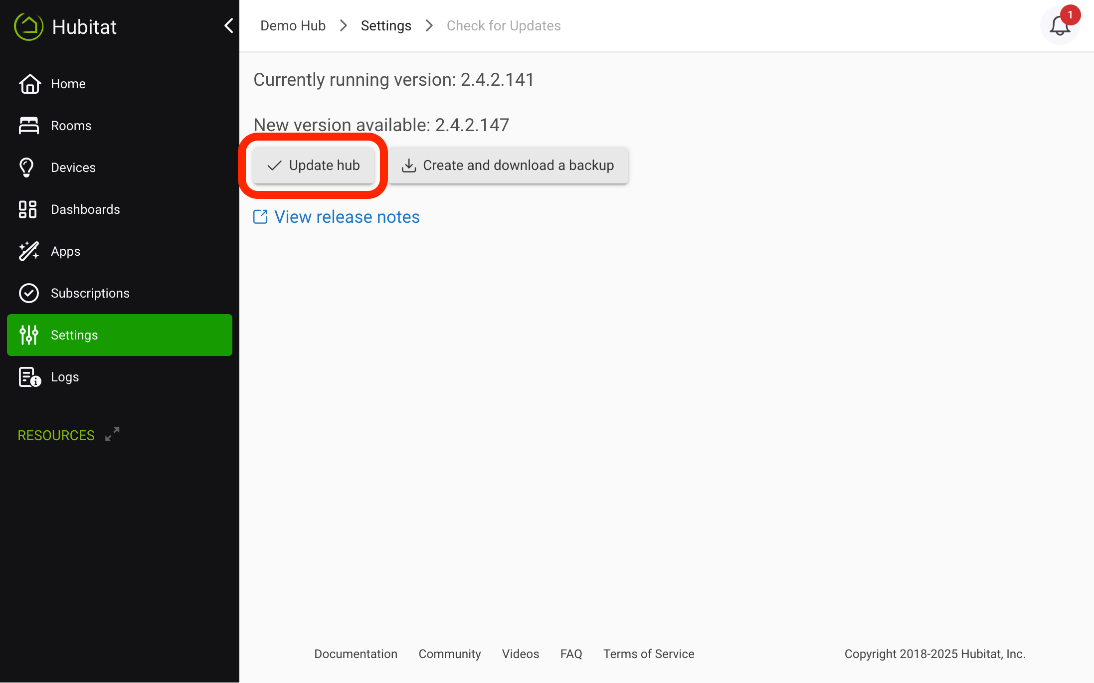 Screenshot: "Update Hub" button