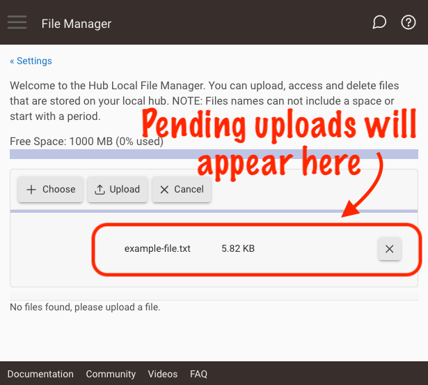 Screenshot of pending upload list