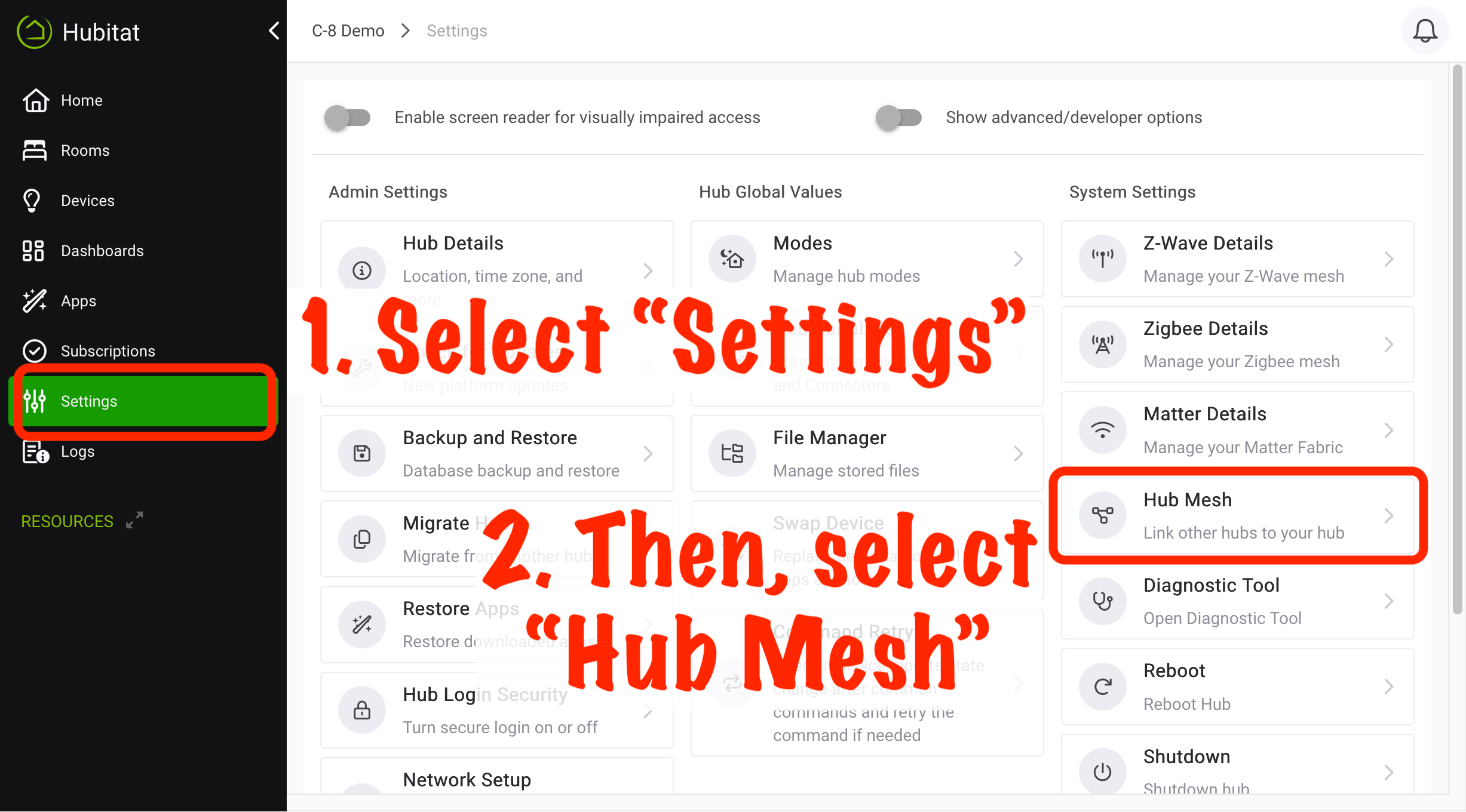 Screenshot: "Hub Mesh" option in "Settings" page