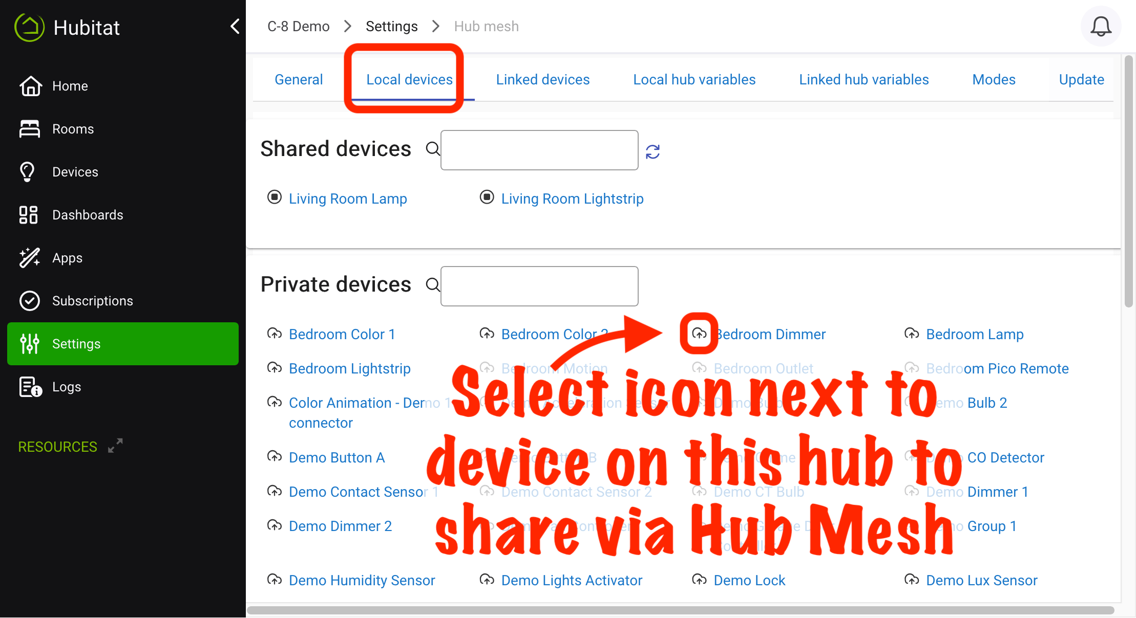Screenshot of Shared Devices (devices added to Hub Mesh) and Private Devices (devices eligible to be added but that have not been added to Hub Mesh)