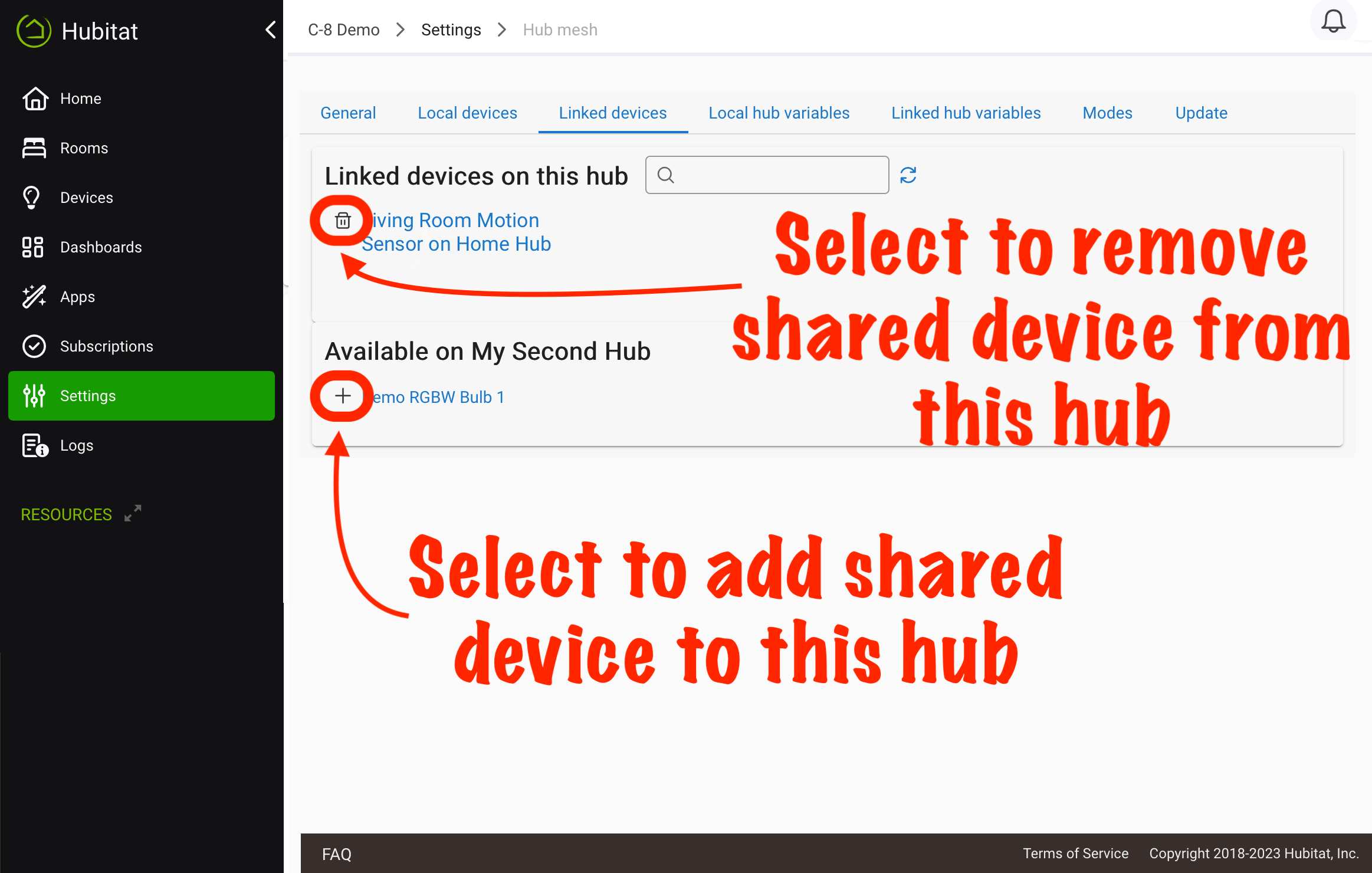 Screenshot of "Linked Devices" tab in Hub Mesh settings, allowing adding or removing devices shared from other hubs