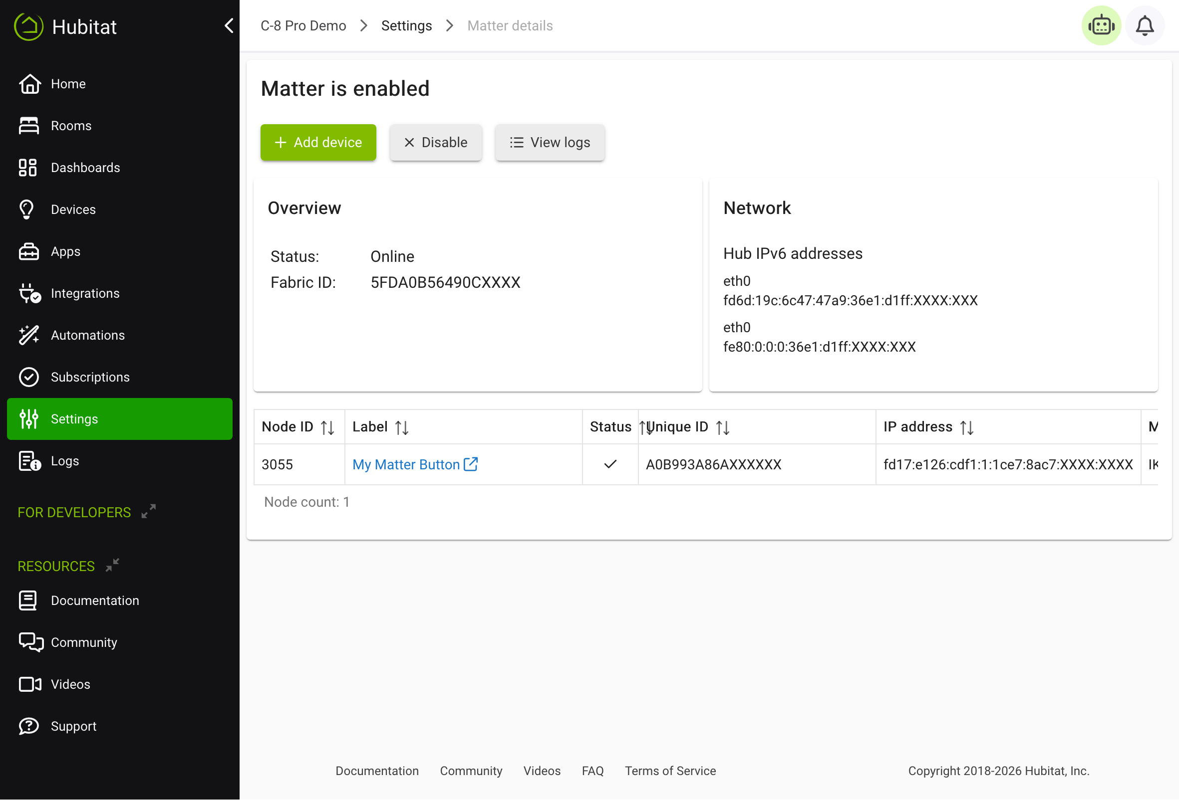Screenshot: Matter details page (options described below)