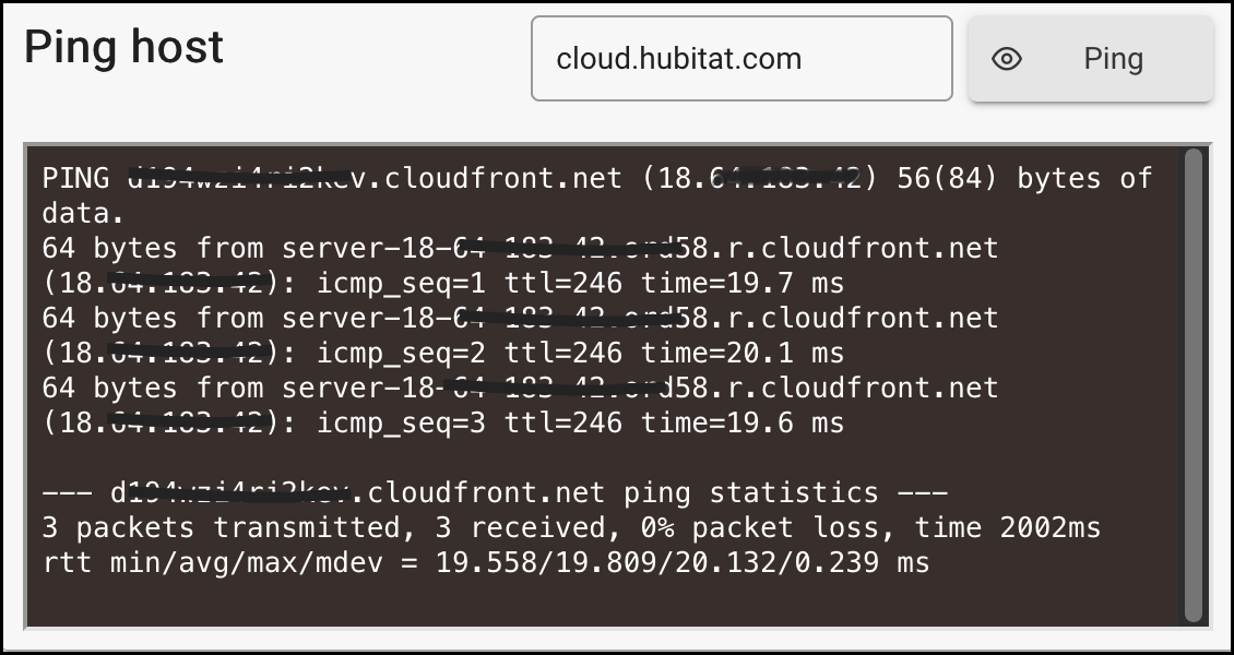Example ping output with packets transmitted and received
