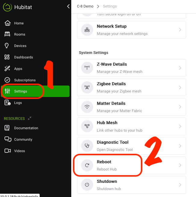 Screenshot: "Reboot" option on "Settings" page